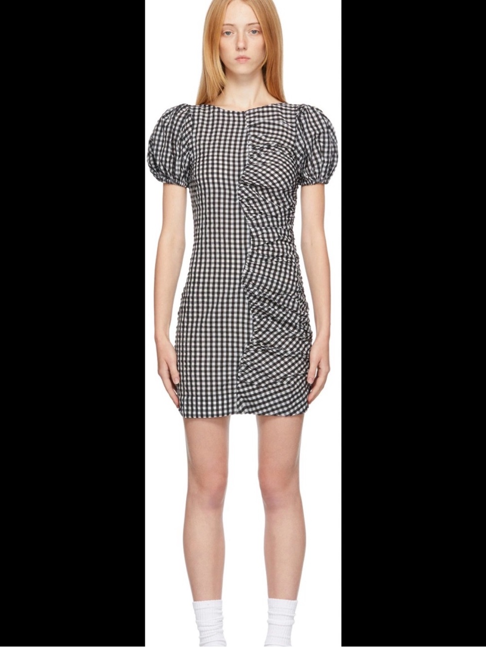GANNI Black and White Gingham Puff-Sleeve Ruched Mini Dress